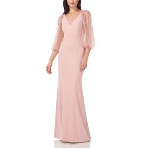 JS Collections Beaded Sleeve V-Neck Stretch Crepe Gown